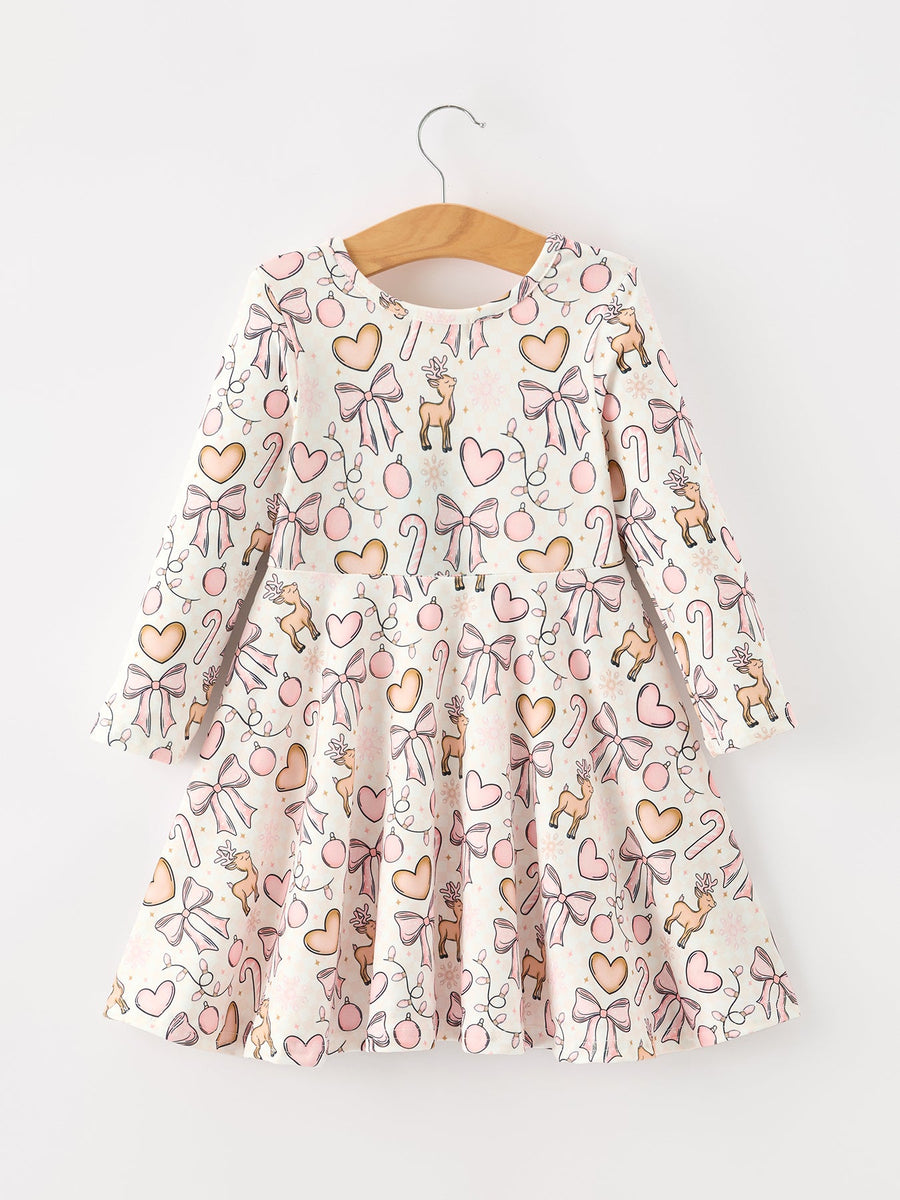 Pink Bow Reindeer Candy Cane Girls Twirl Dress
