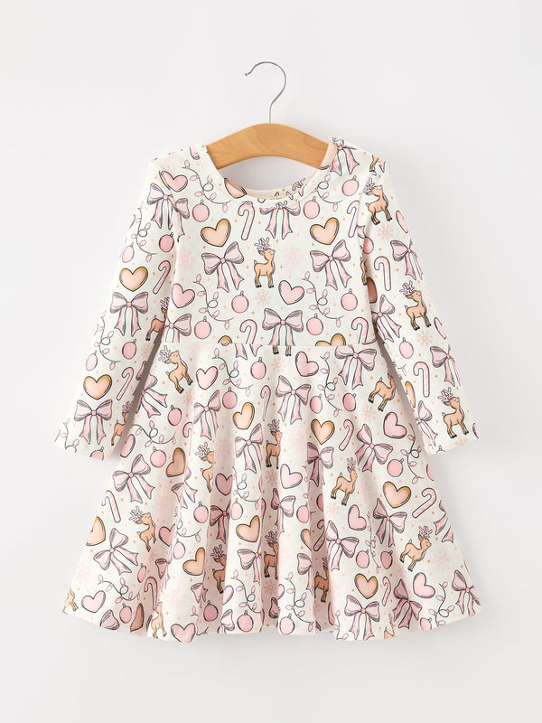 Pink Bow Reindeer Candy Cane Girls Twirl Dress