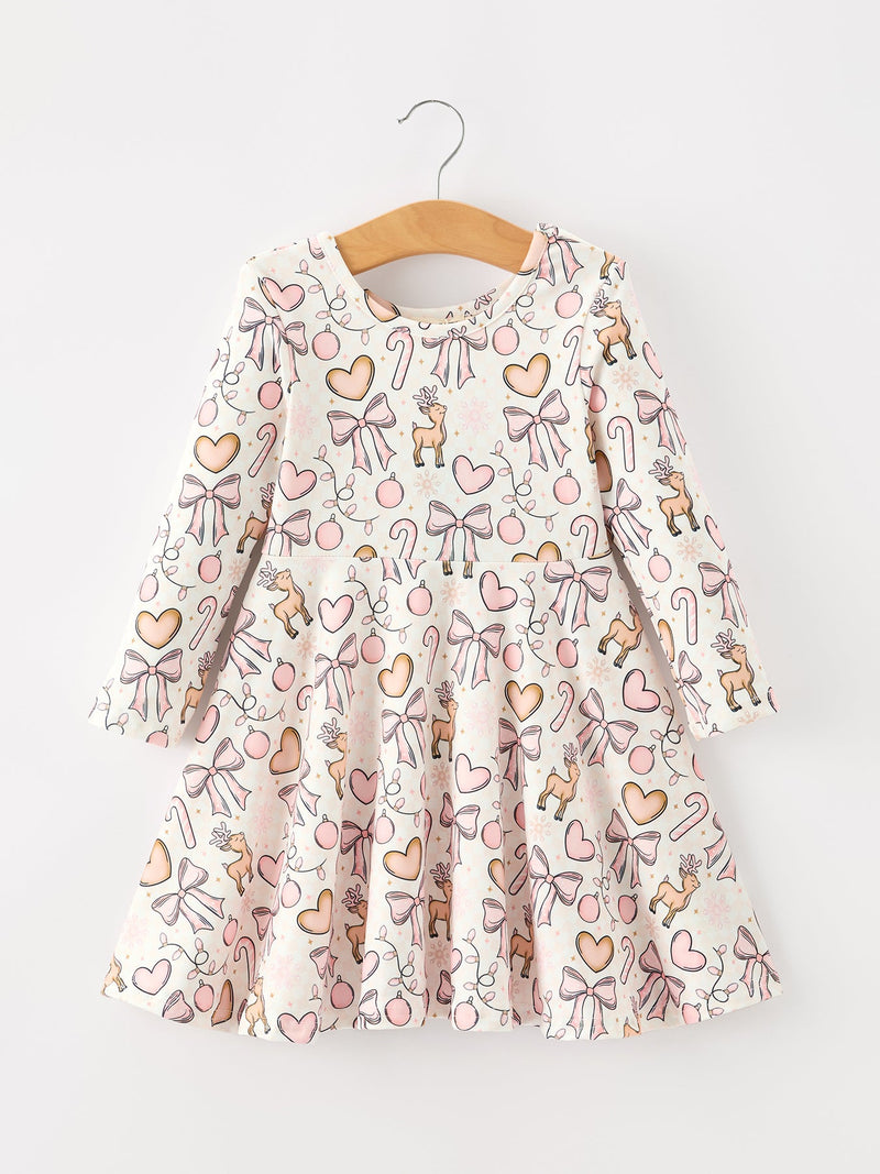 Pink Bow Reindeer Candy Cane Girls Twirl Dress - 1