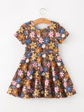 Fall Floral Twirl Girls Dress Short Sleeve - 2