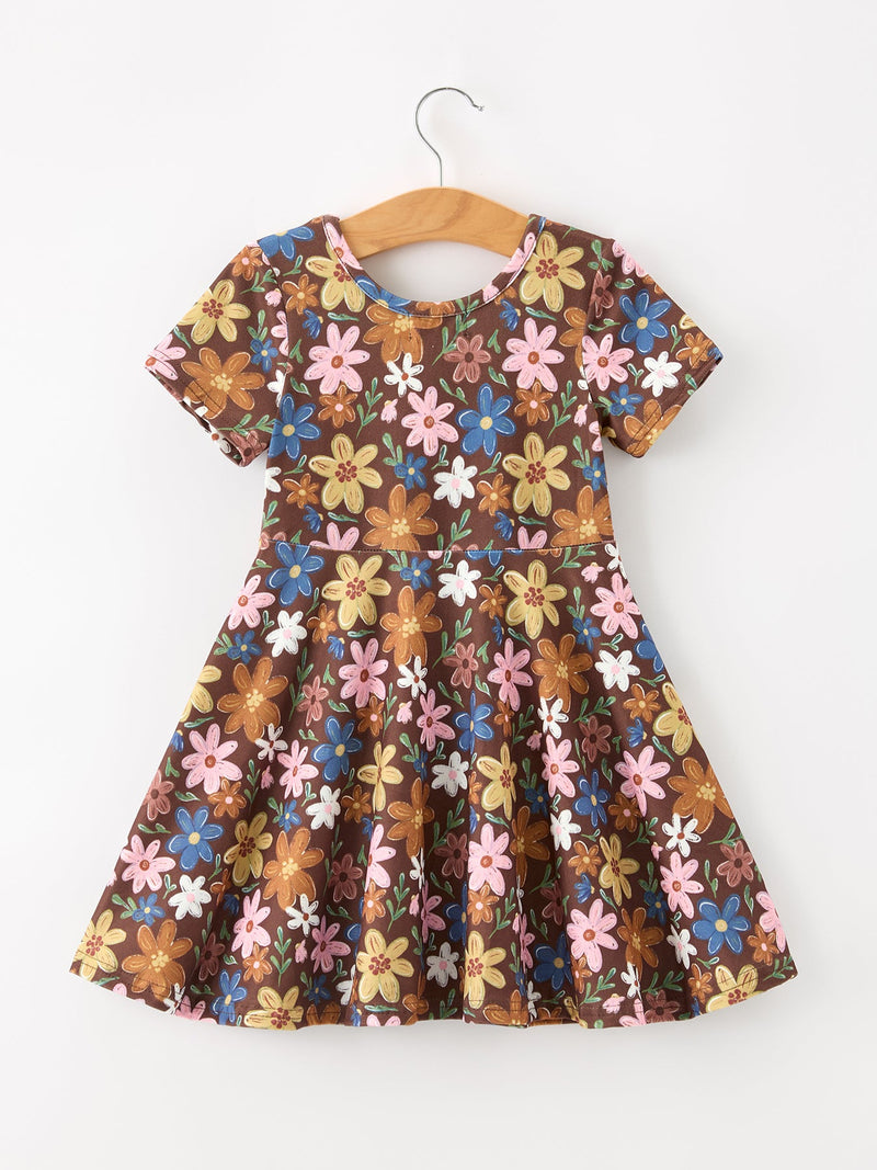 Fall Floral Twirl Girls Dress Short Sleeve - 2