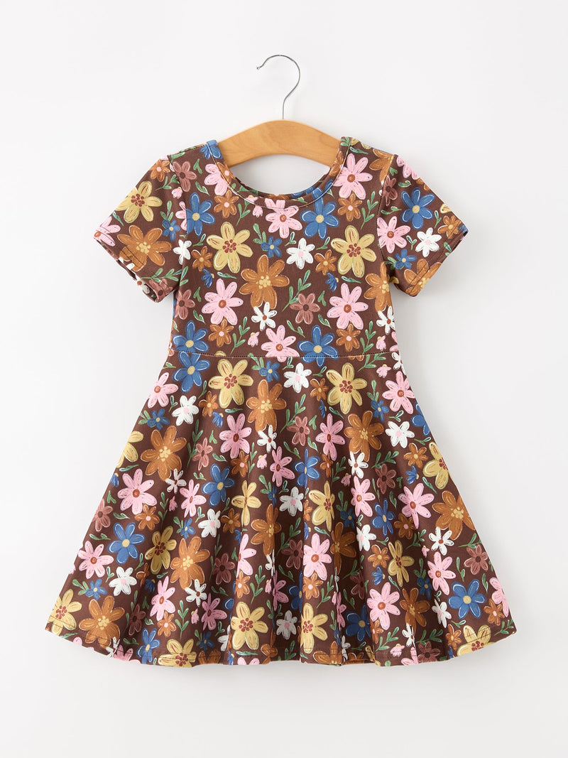 Fall Floral Twirl Girls Dress Short Sleeve - 1