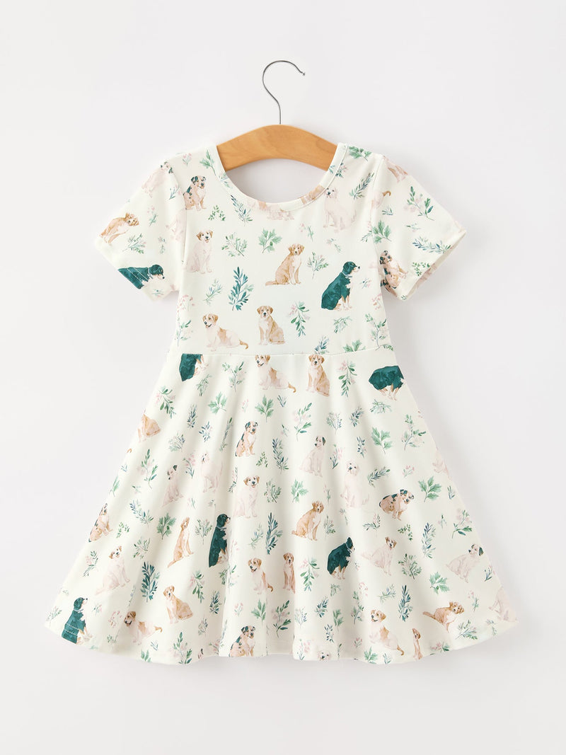 Neutral Puppy Floral Twirl Girls Dress - 2