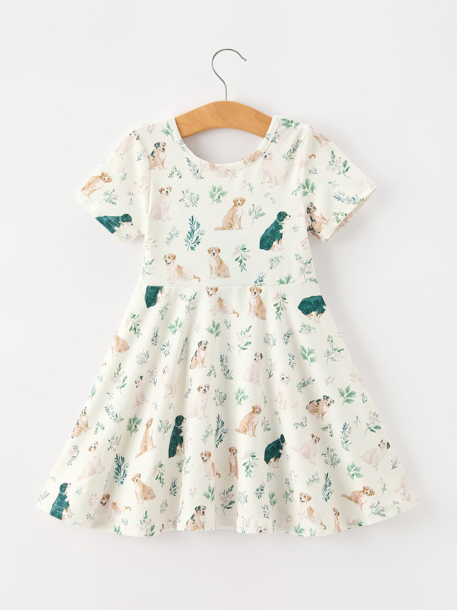 Puppy Floral Twirl Girls Dress