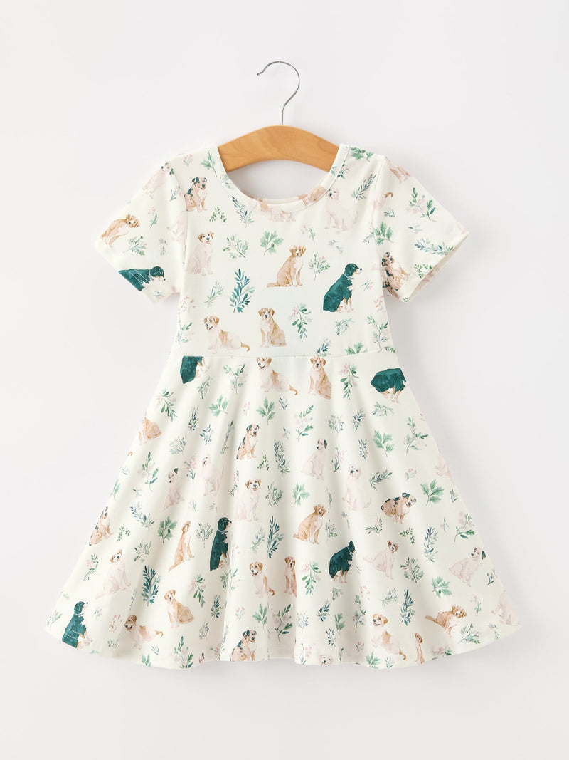 Neutral Puppy Floral Twirl Girls Dress - 1