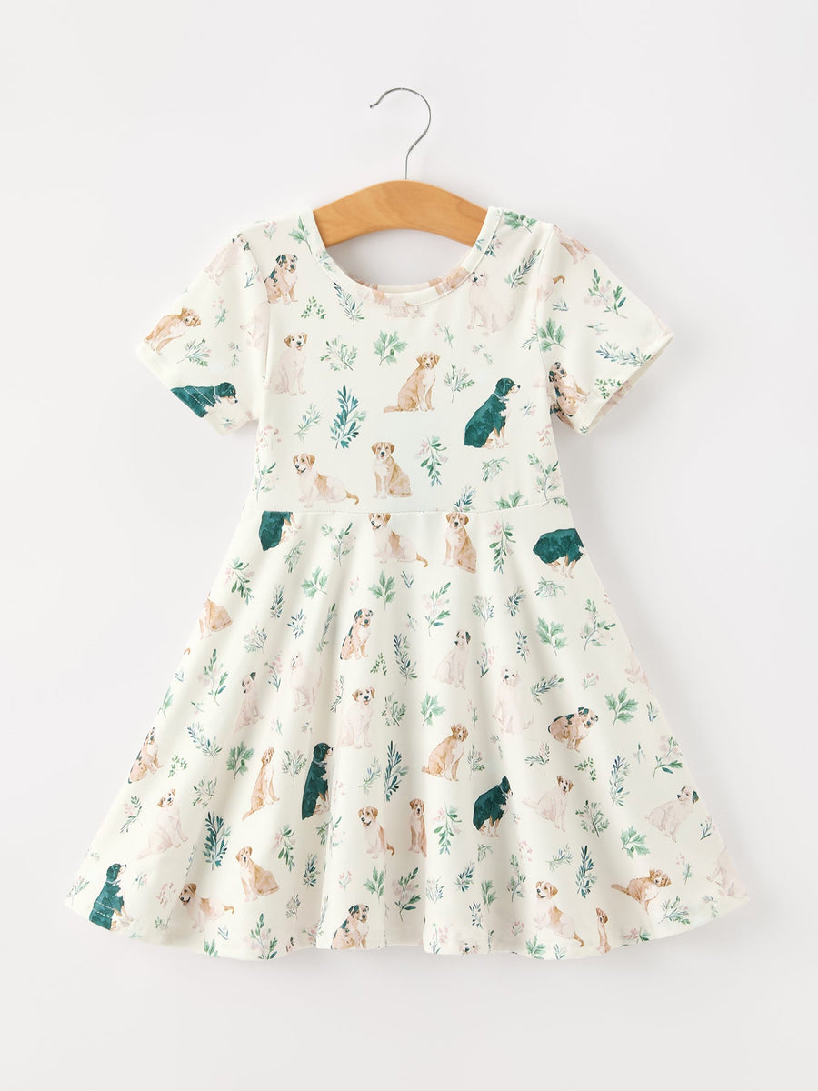 Puppy Floral Twirl Girls Dress