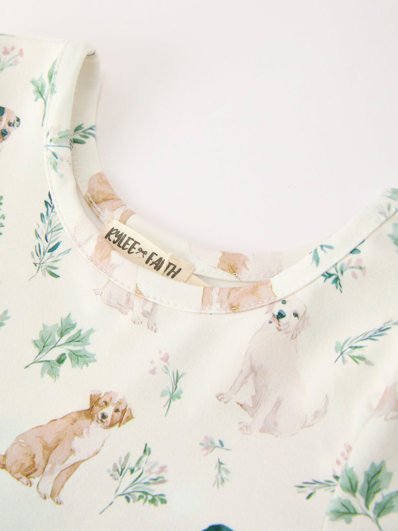 Neutral Puppy Floral Twirl Girls Dress - 3
