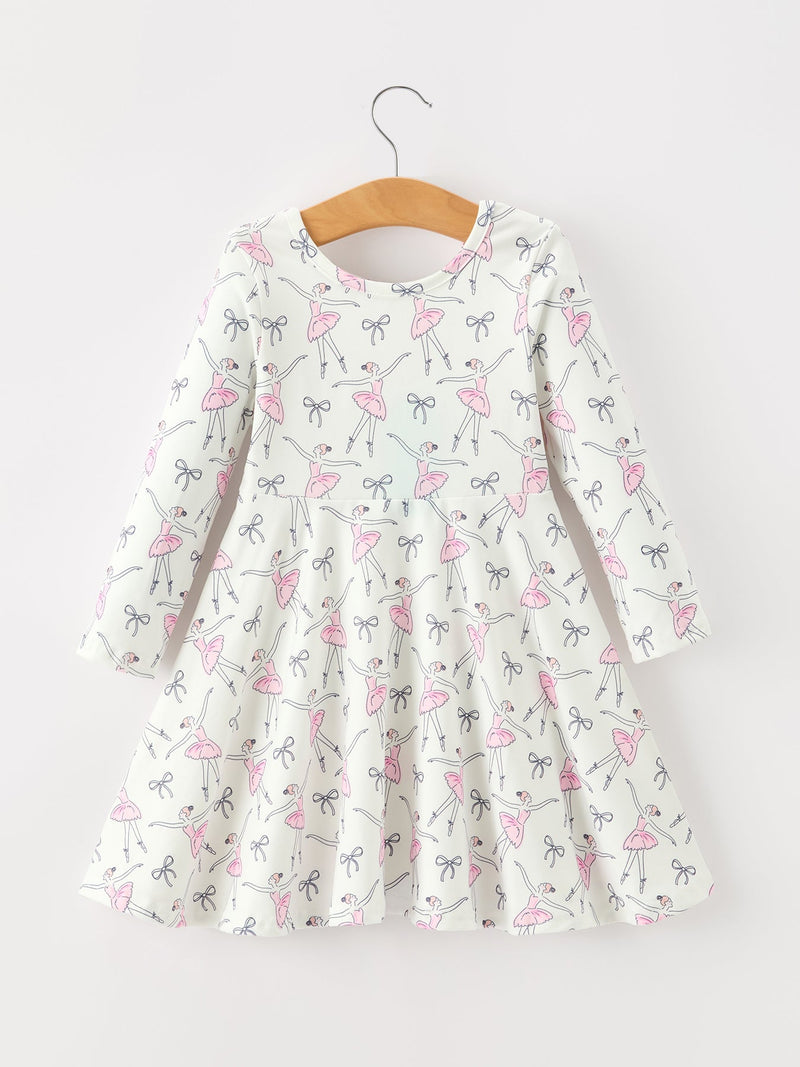 Fall Ballet Bow Girls Long Sleeve Twirl Dress - 2