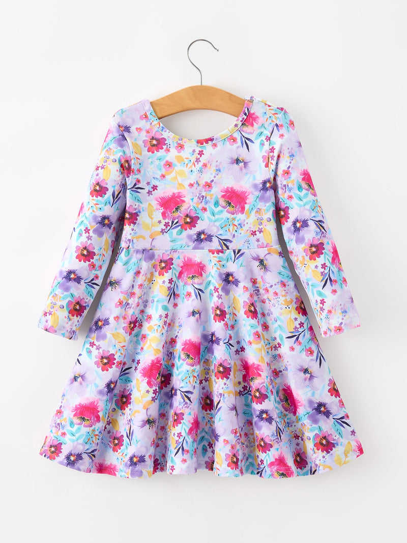 Fall Watercolor Floral Print Girls Ruffle Hem Twirl Dress - 2