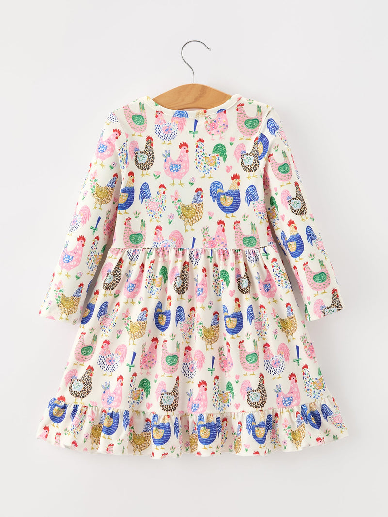 Fall Farm Chicken Print Girls Ruffle Hem Twirl Dress - 7