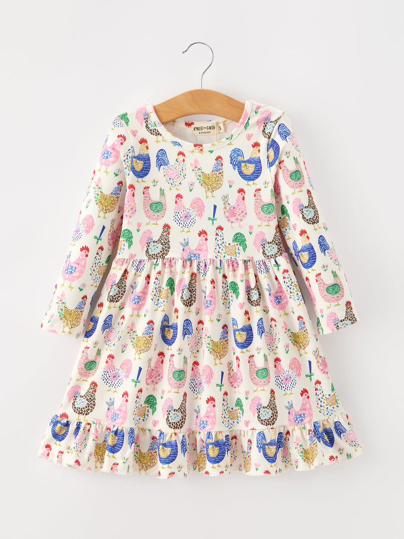 Fall Farm Chicken Print Girls Ruffle Hem Twirl Dress - 6