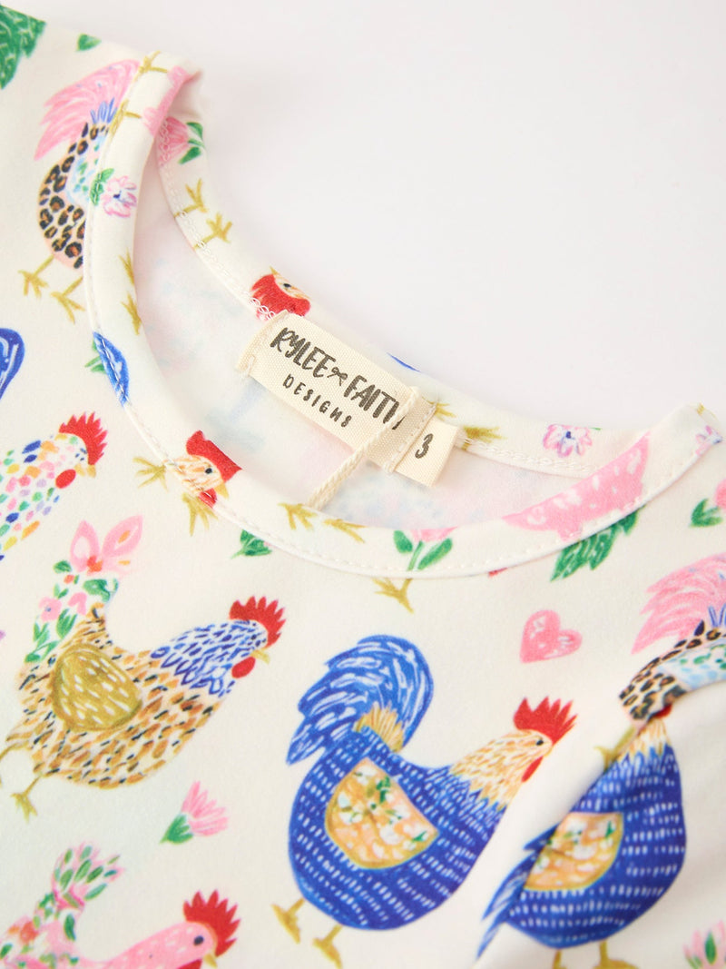 Fall Farm Chicken Print Girls Ruffle Hem Twirl Dress - 8