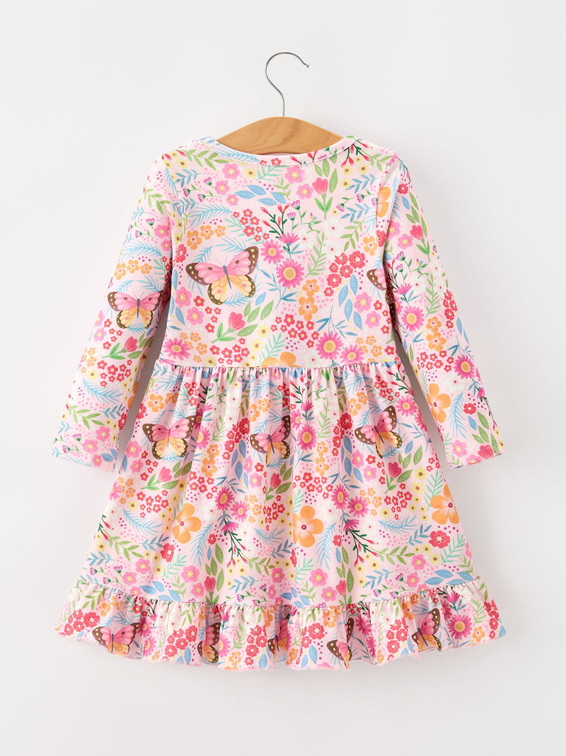 Fall Butterfly Floral Print Girls Ruffle Hem Twirl Dress - 7
