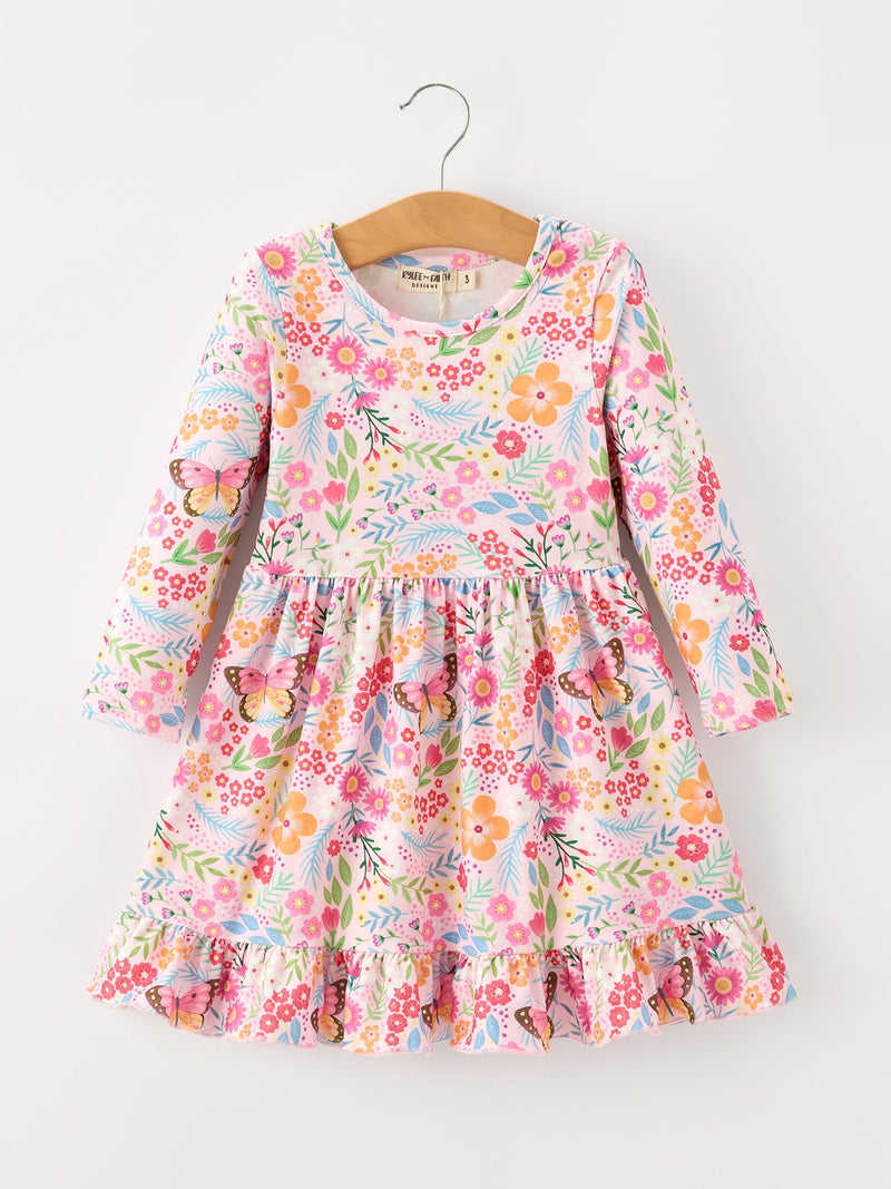 Fall Butterfly Floral Print Girls Ruffle Hem Twirl Dress - 6