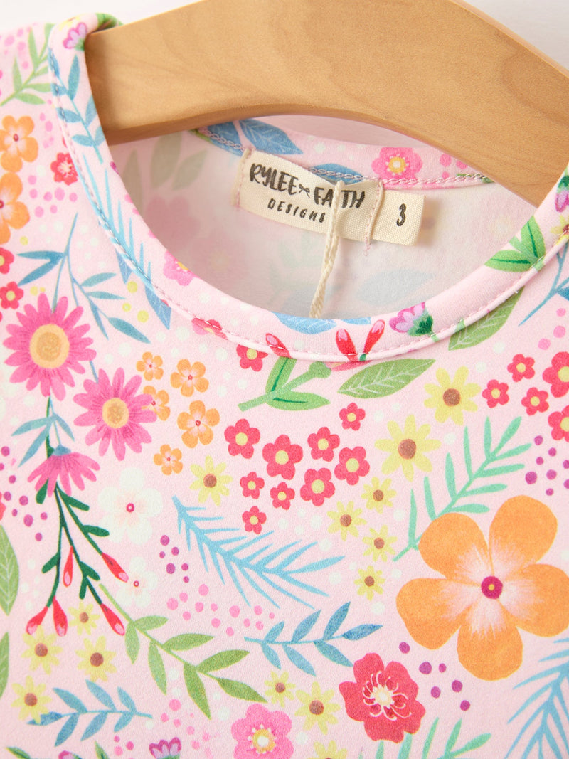Fall Butterfly Floral Print Girls Ruffle Hem Twirl Dress - 10