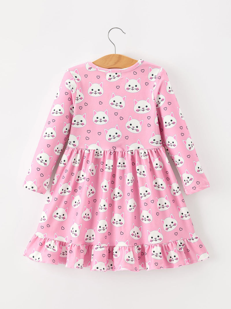 Fall Cat Print Girls Ruffle Hem Twirl Dress - 2