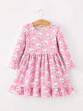 Fall Cat Print Girls Ruffle Hem Twirl Dress - 1