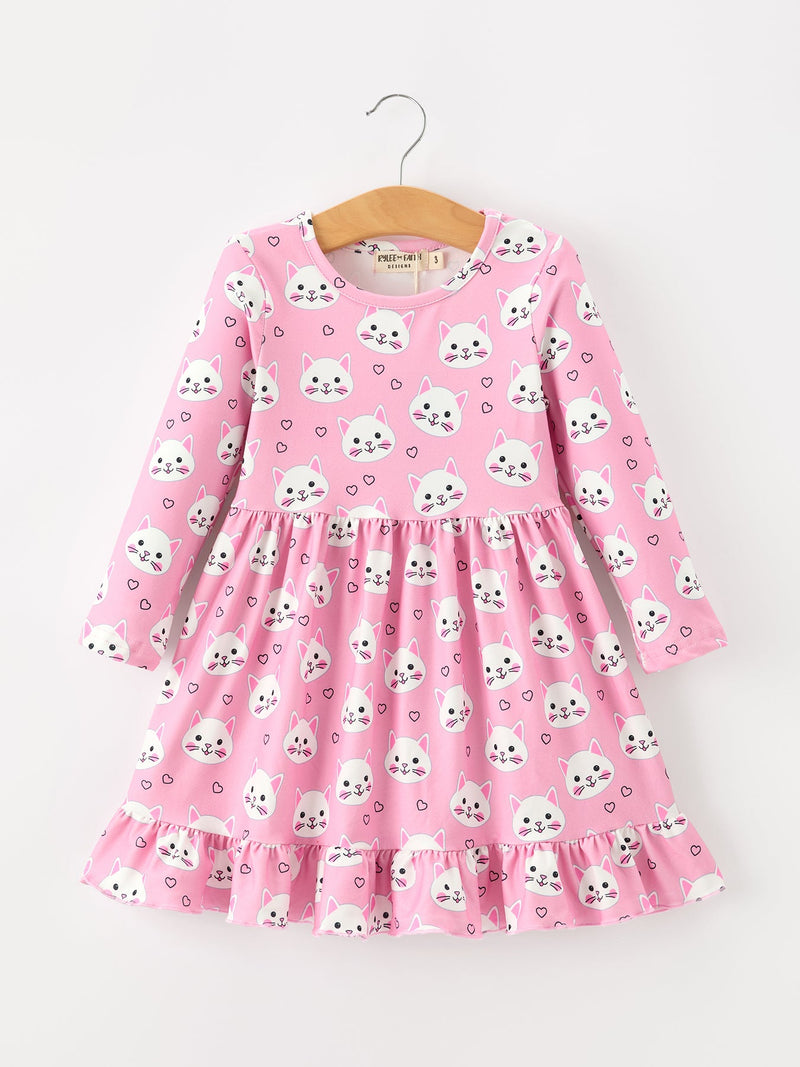 Fall Cat Print Girls Ruffle Hem Twirl Dress - 1