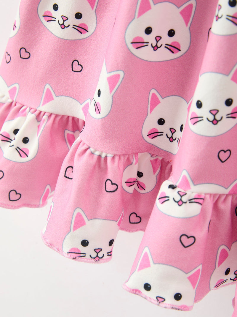 Fall Cat Print Girls Ruffle Hem Twirl Dress - 3