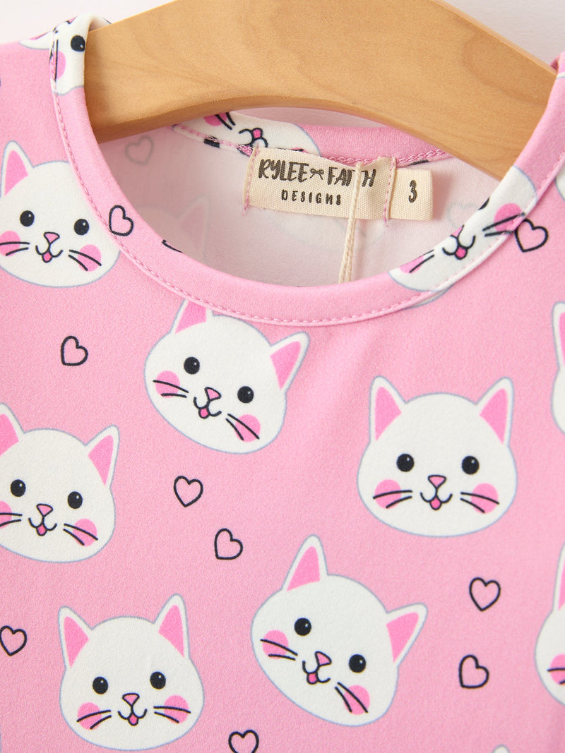 Fall Cat Print Girls Ruffle Hem Twirl Dress - 5