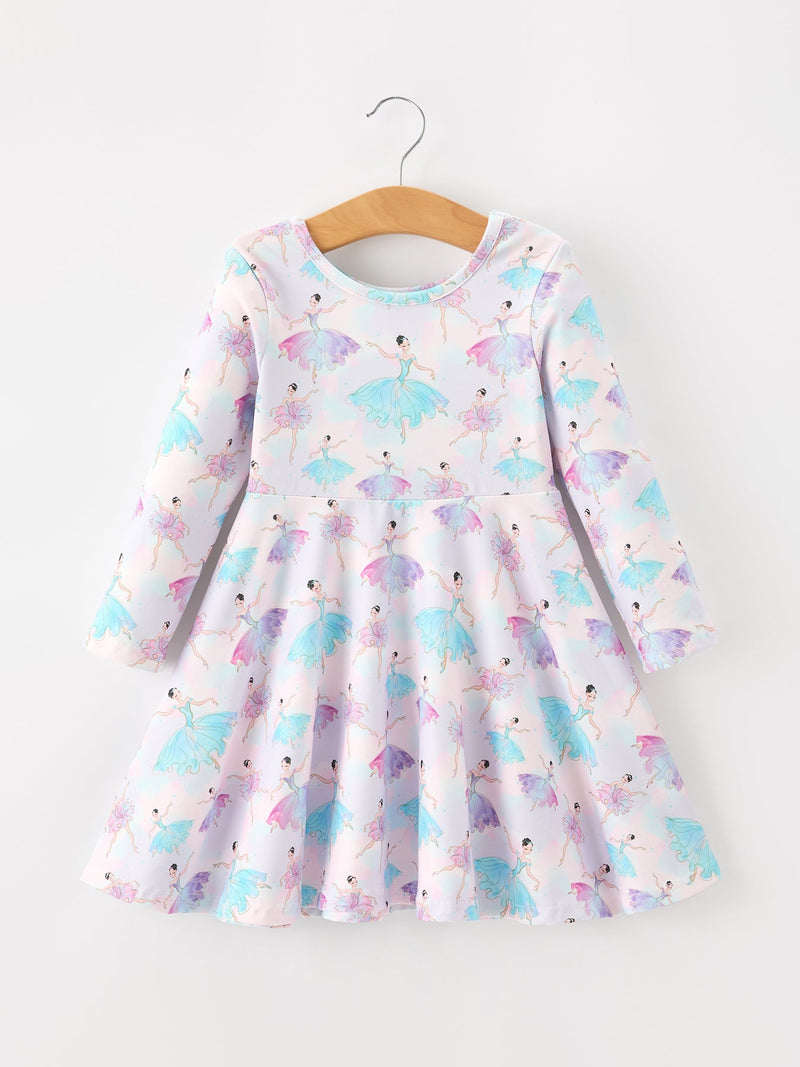 Fall Watercolor Ballet Girls Long Sleeve Twirl Dress - 1