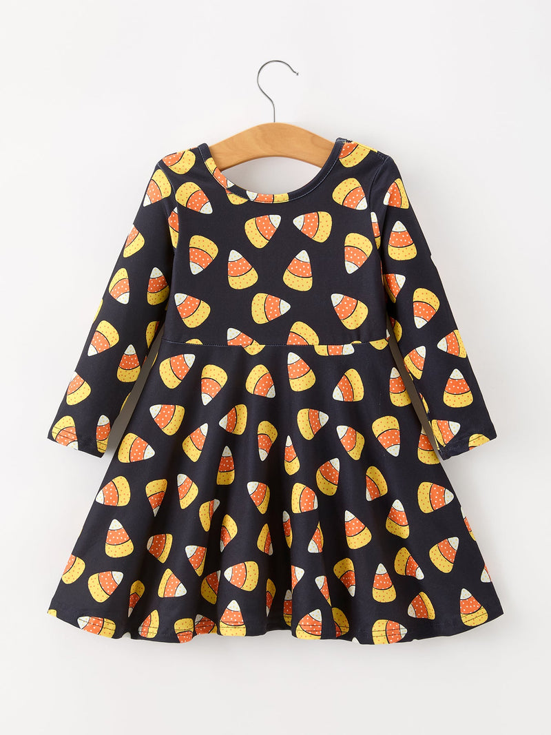 Halloween Candy Corn Girls Long Sleeve Twirl Dress - 2