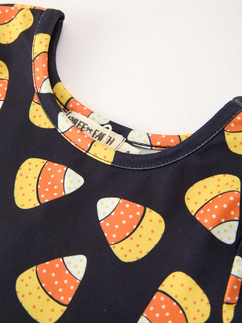 Halloween Candy Corn Girls Long Sleeve Twirl Dress - 3