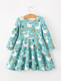 Fall Goose Print Girls Long Sleeve Twirl Dress - 2