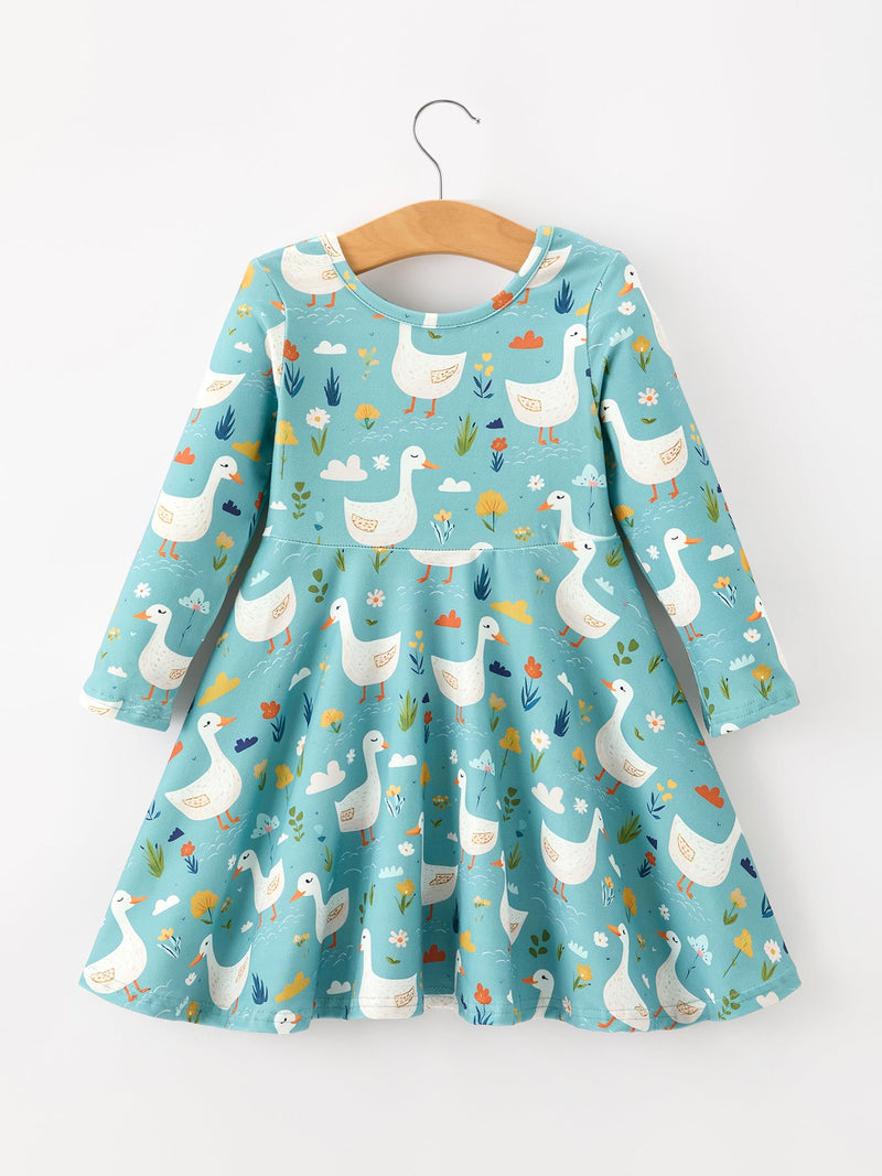 Fall Goose Print Girls Long Sleeve Twirl Dress - 2
