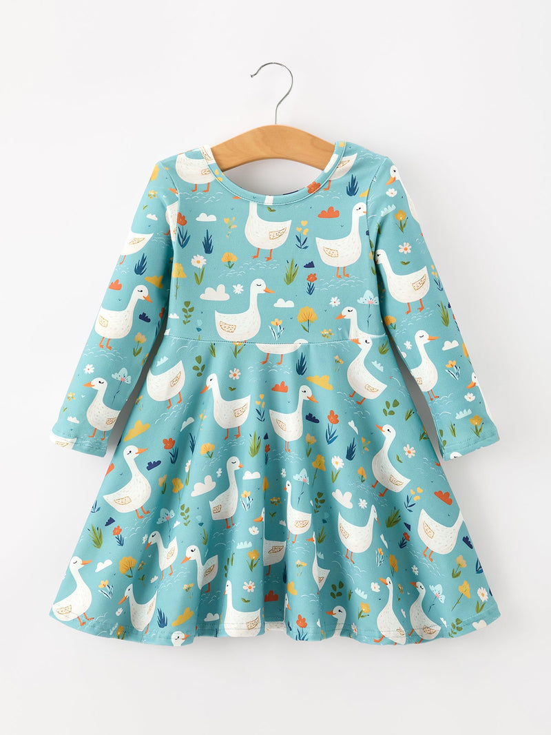 Fall Goose Print Girls Long Sleeve Twirl Dress - 1