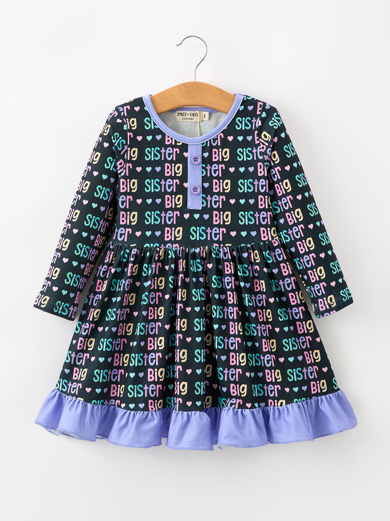 Big Sister Rainbow Letter Print Girls Ruffle Hem Dress - 1