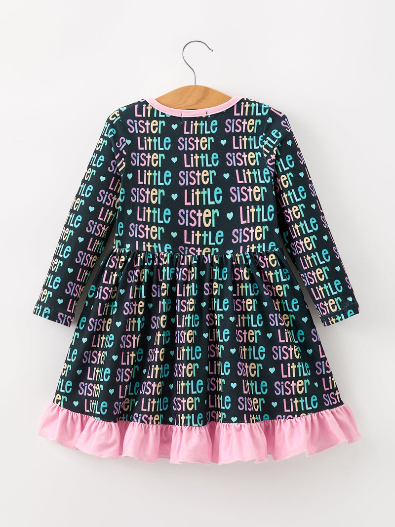 Little Sister Rainbow Letter Print Girls Ruffle Hem Dress - 2