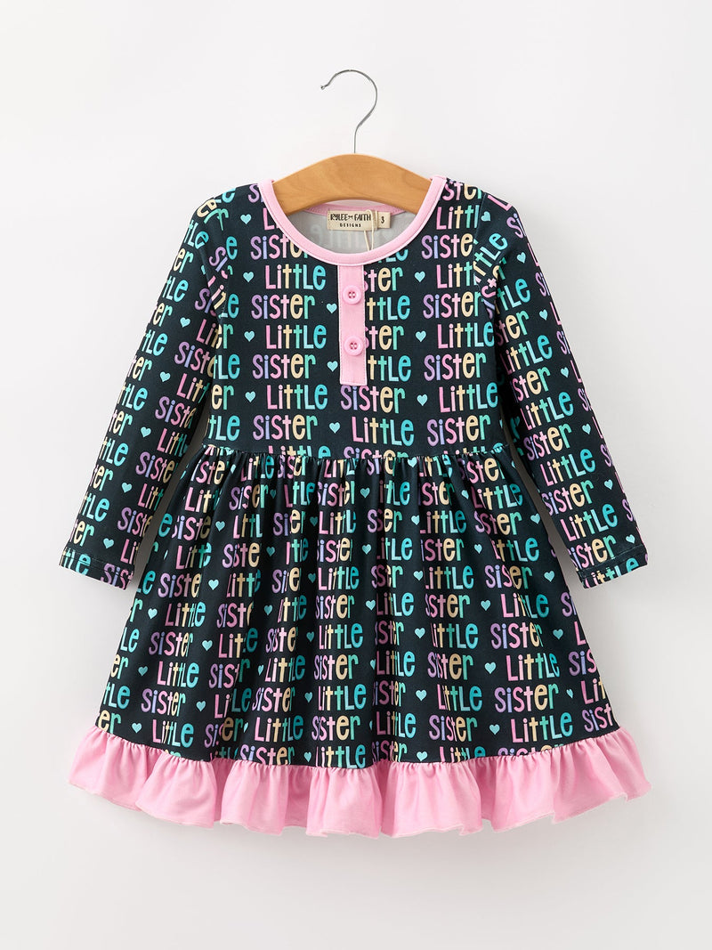 Little Sister Rainbow Letter Print Girls Ruffle Hem Dress - 1