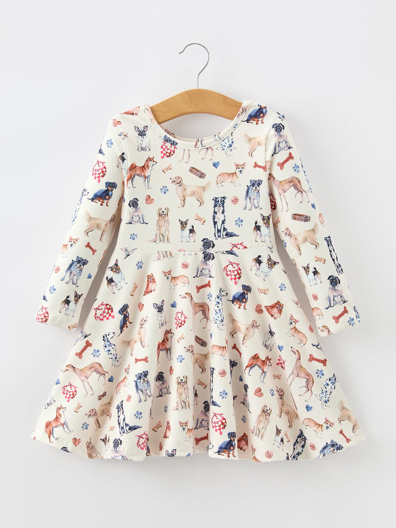 Fall Dog Print Girls Long Sleeve Twirl Dress - 1