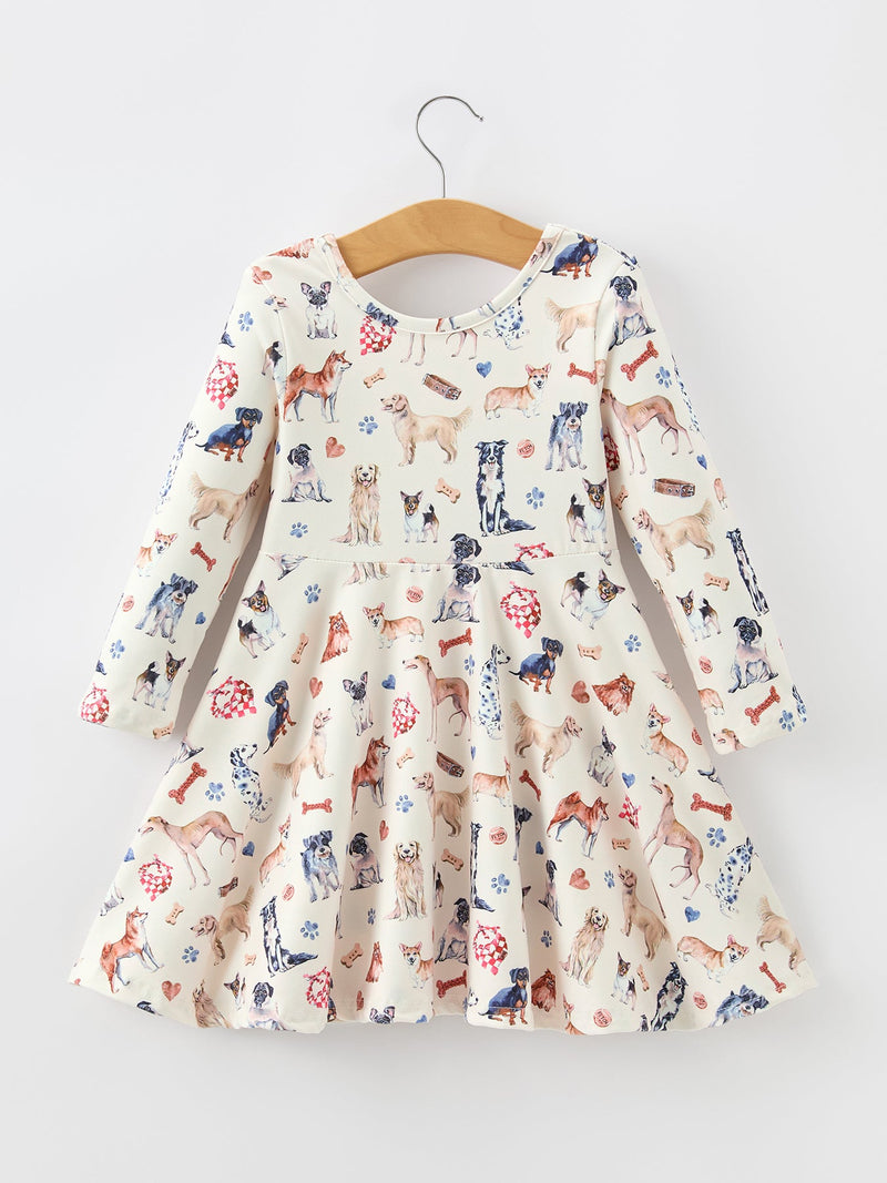 Fall Dog Print Girls Long Sleeve Twirl Dress - 2