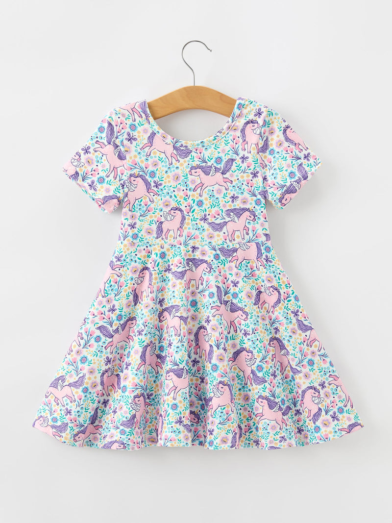 Unicorn Floral Print Girls Short Sleeve Twirl Dress - 7