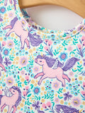Unicorn Floral Print Girls Short Sleeve Twirl Dress - 8