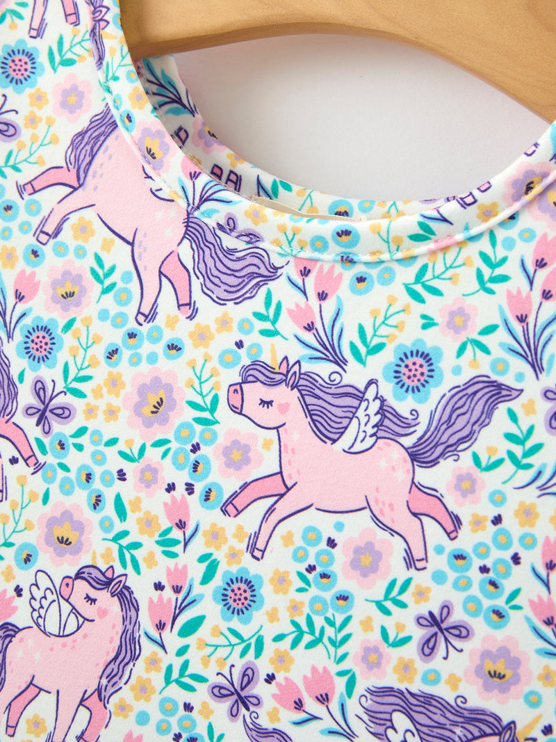 Unicorn Floral Print Girls Short Sleeve Twirl Dress - 8