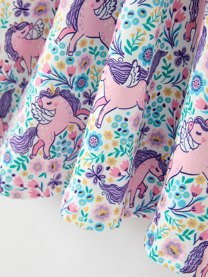 Unicorn Floral Print Girls Short Sleeve Twirl Dress - 10