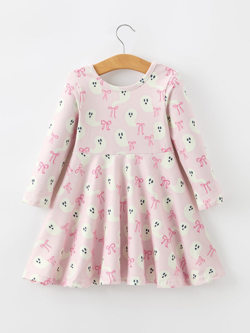Halloween Ghost Bow Print Girls Long Sleeve Twirl Dress - 2