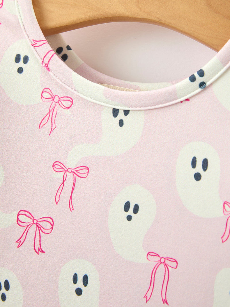 Halloween Ghost Bow Print Girls Long Sleeve Twirl Dress - 3