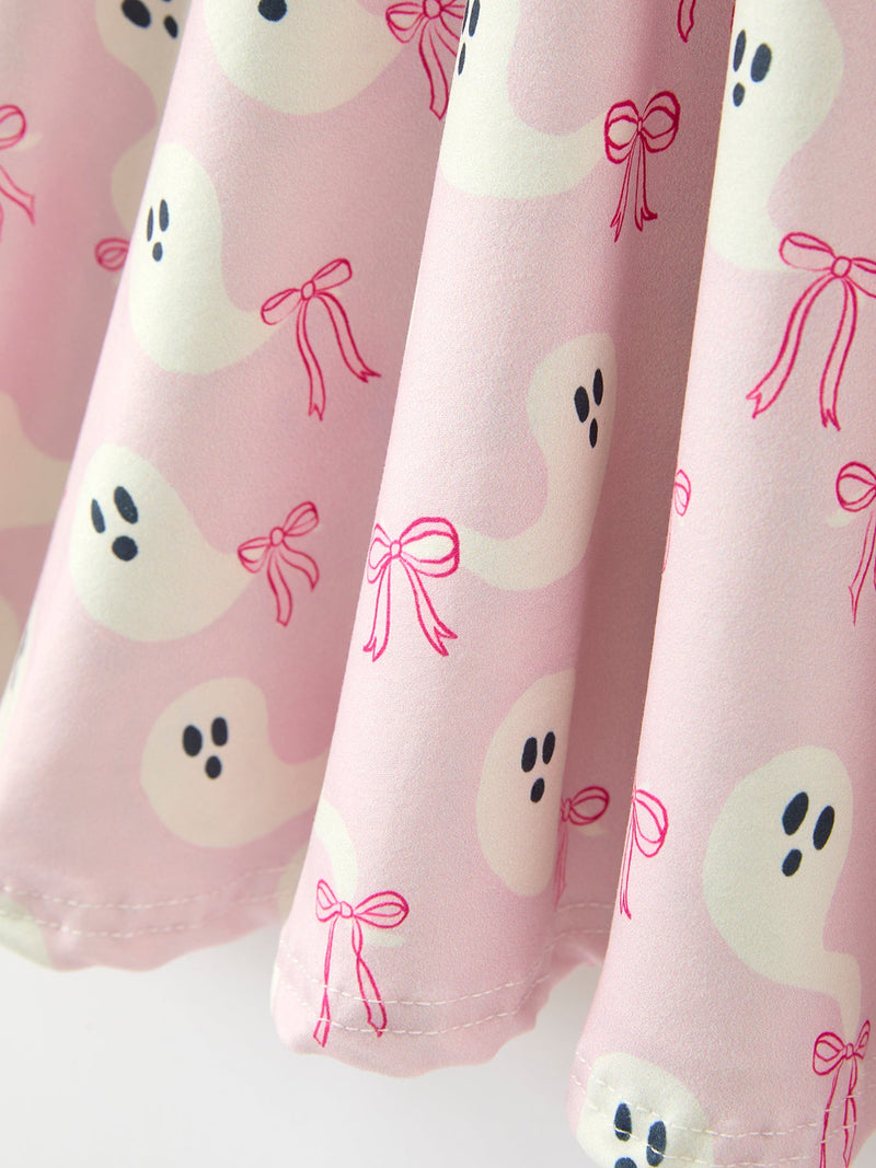 Halloween Ghost Bow Print Girls Long Sleeve Twirl Dress - 5