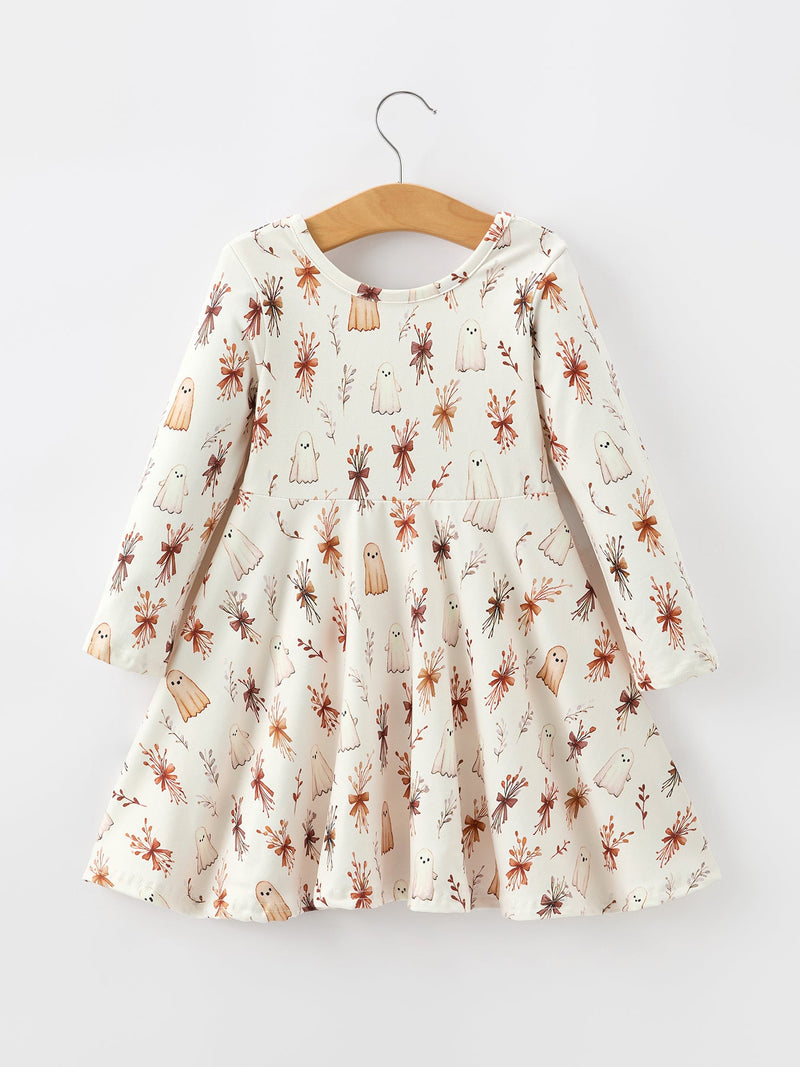Halloween Ghost Floral Bow Girls Long Sleeve Twirl Dress - 2