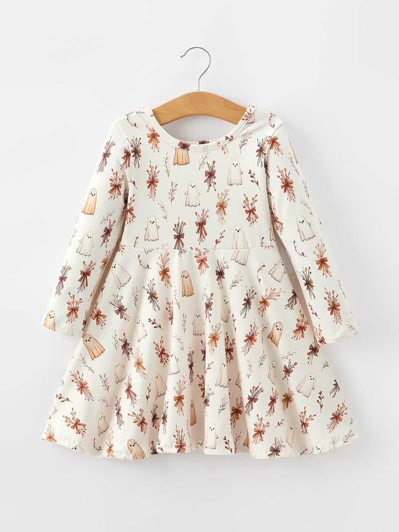 Halloween Ghost Floral Bow Girls Long Sleeve Twirl Dress - 1