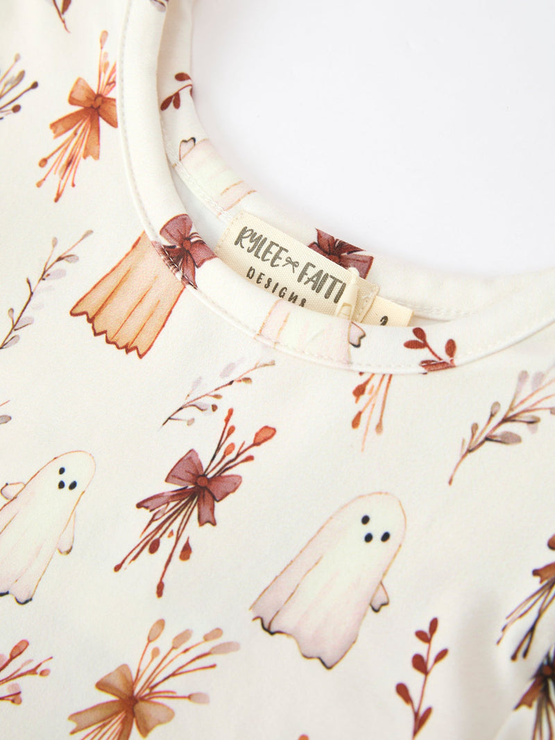 Halloween Ghost Floral Bow Girls Long Sleeve Twirl Dress - 3