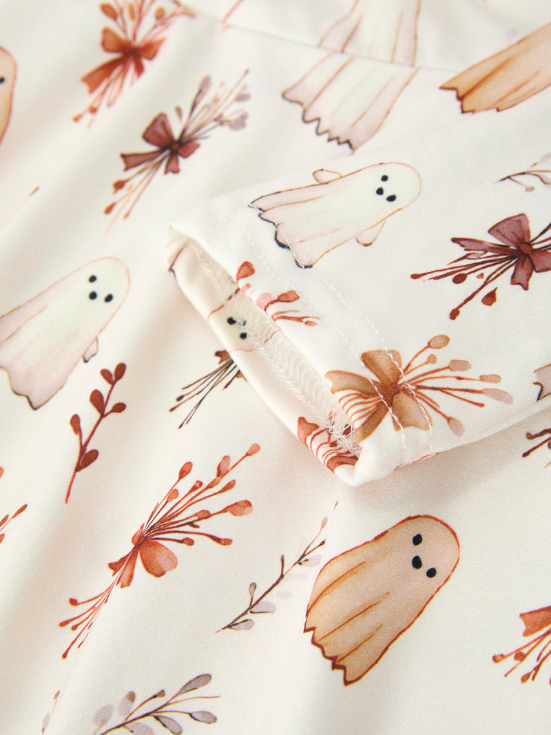 Halloween Ghost Floral Bow Girls Long Sleeve Twirl Dress - 4