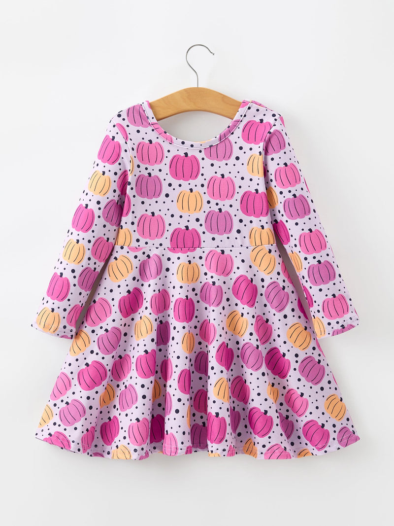 Halloween Pumpkin Print Girls Long Sleeve Twirl Dress - 2