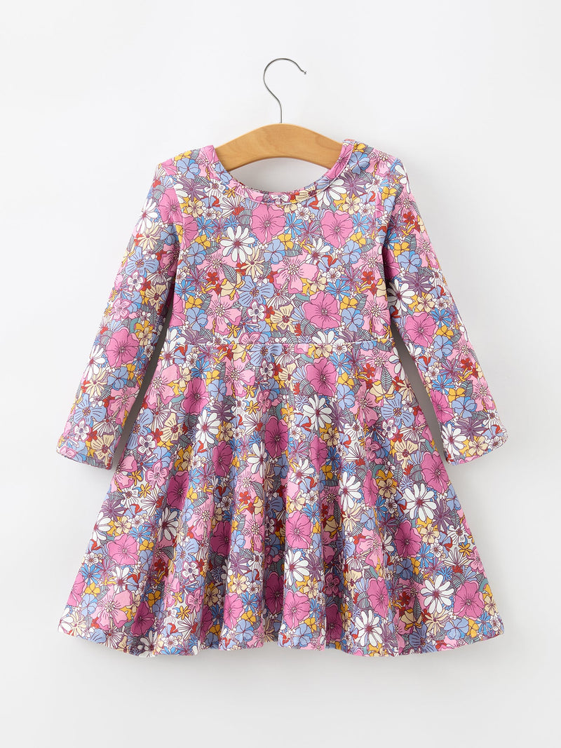 Fall Vintage Floral Print Girls Long Sleeve Twirl Dress - 2