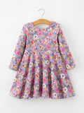 Fall Vintage Floral Print Girls Long Sleeve Twirl Dress - 1