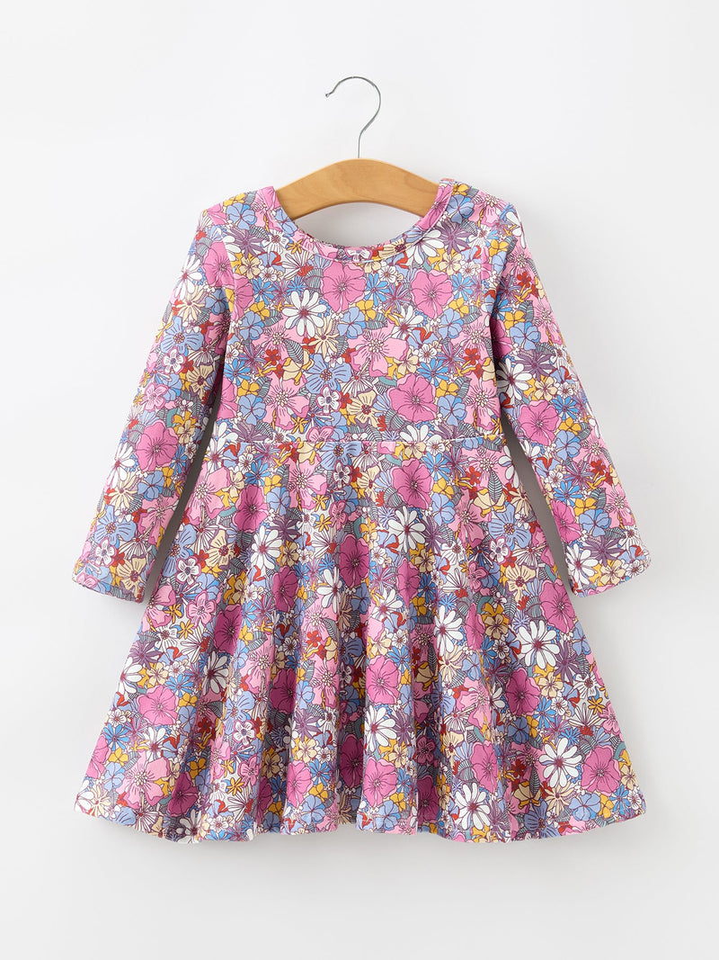 Fall Vintage Floral Print Girls Long Sleeve Twirl Dress - 1
